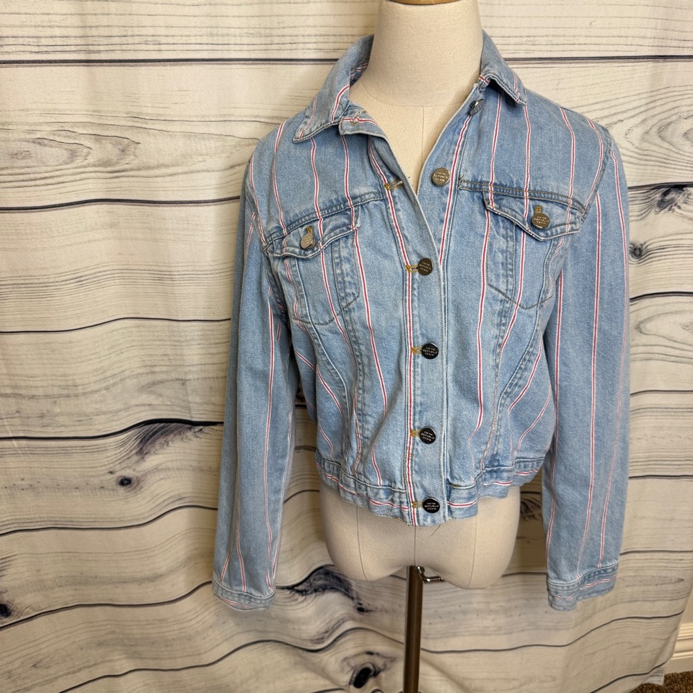 For The Republic Light Blue Denim Jacket with red Stripes